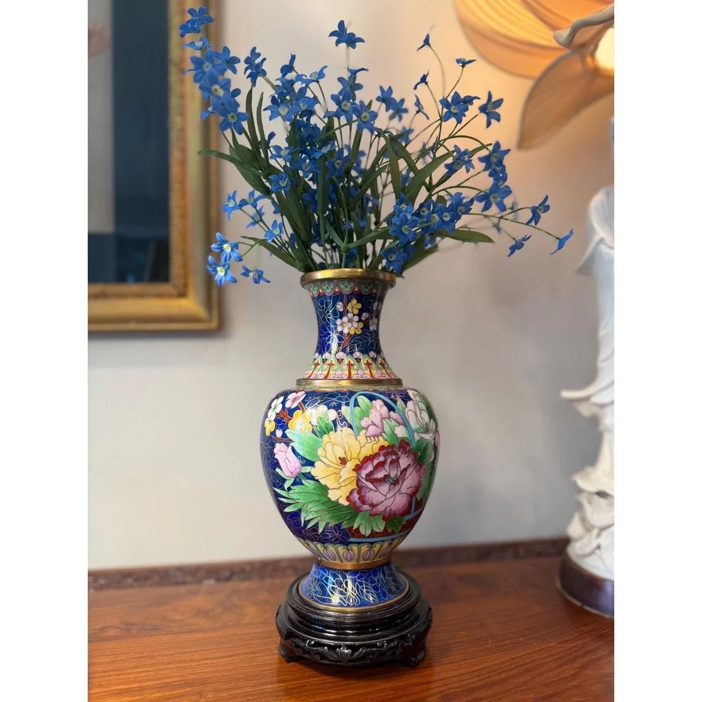 Vintage Cloisonné Vase with Carved Wood Stand